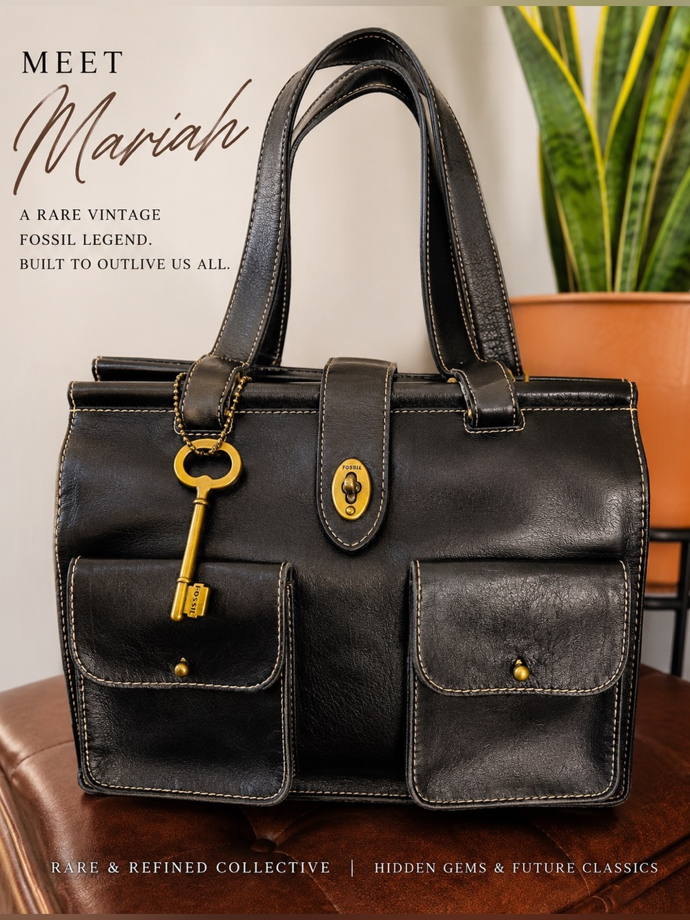 Rare Heritage Collection Vintage Fossil Black Leather Turn Lock Satchel w/ Key 🖤